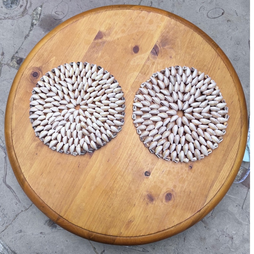 Vintage Cowrie Shell Trivet Set Coaster Round Woven Boho Beach House 6 Inch Pair